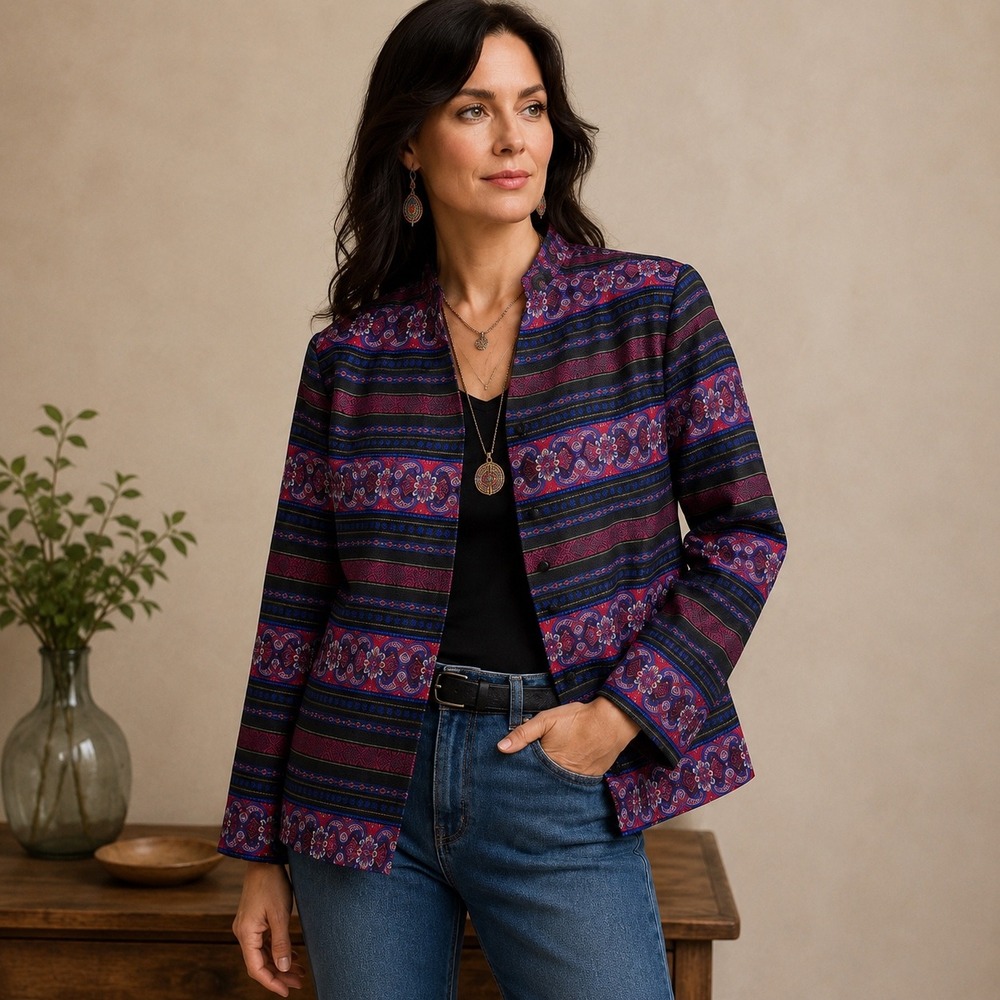 Vtg 90s Talbots Silk Paisley Stripe Blazer Jacket Womens 14P Jewel Tone Boho